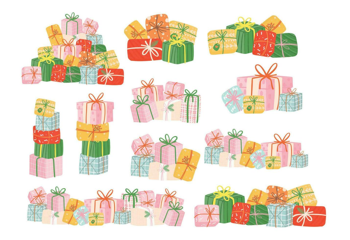 stacked of Christmas present set, cheerful and colorful gift boxes piles collection. vector