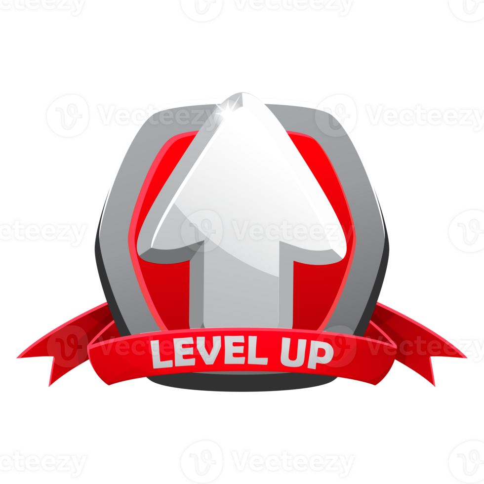 Game silver level up badge and win icon, shield banner of completed level. Level up icon with a silver shield with a red ribbon for gamer mission completed next level achievement. png