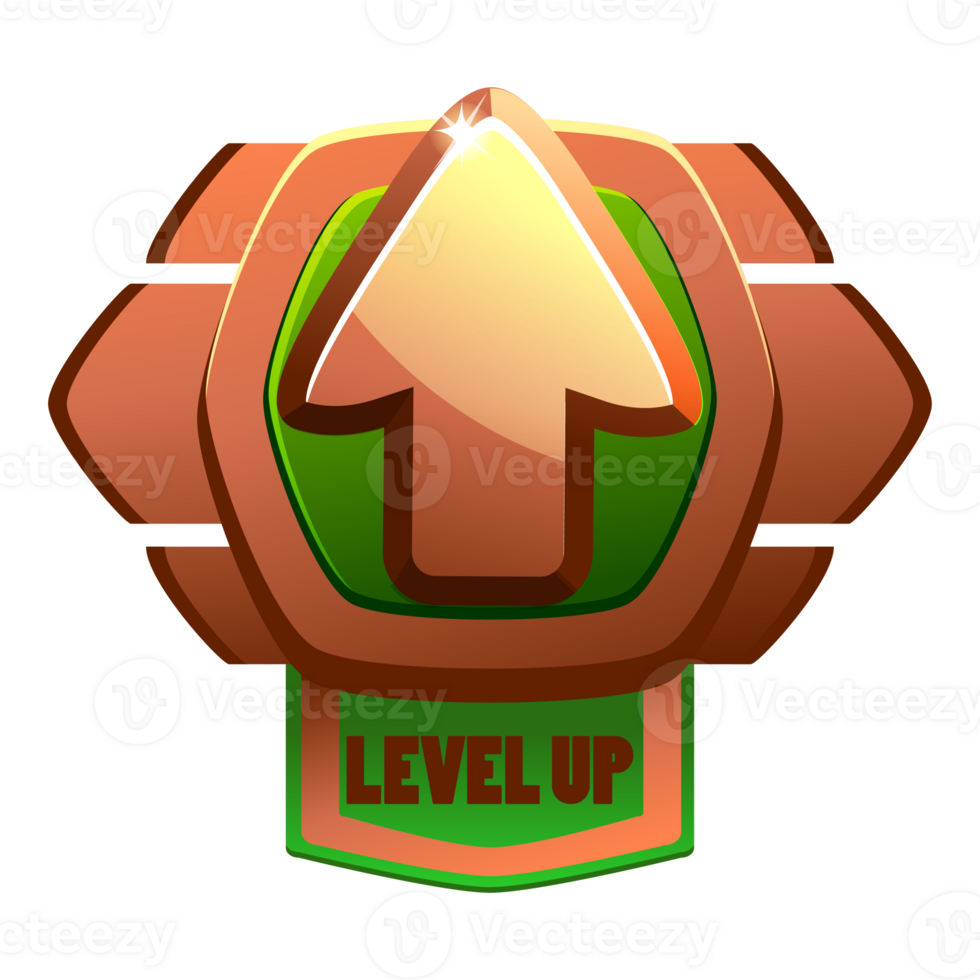 Game bronze level up badge and win icon, shield banner of completed level. Level up icon with a bronze shield png