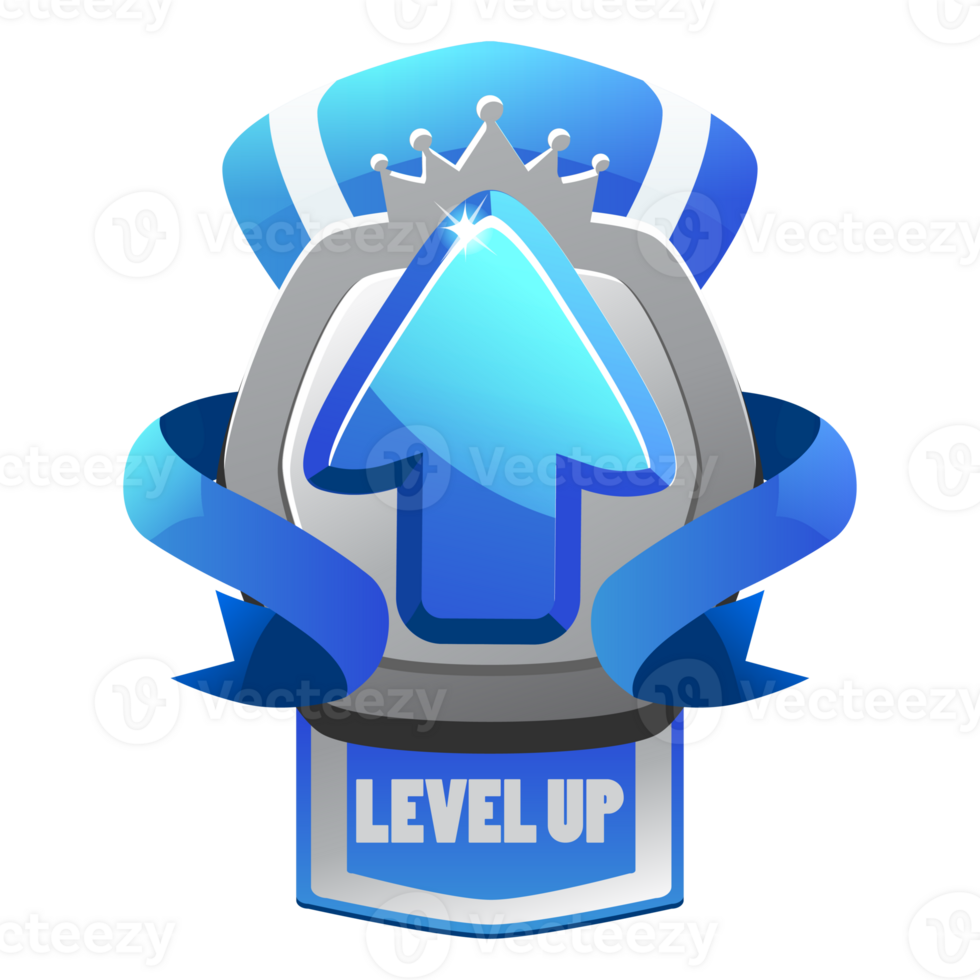 Game silver level up badge and win icon, shield banner of completed level png