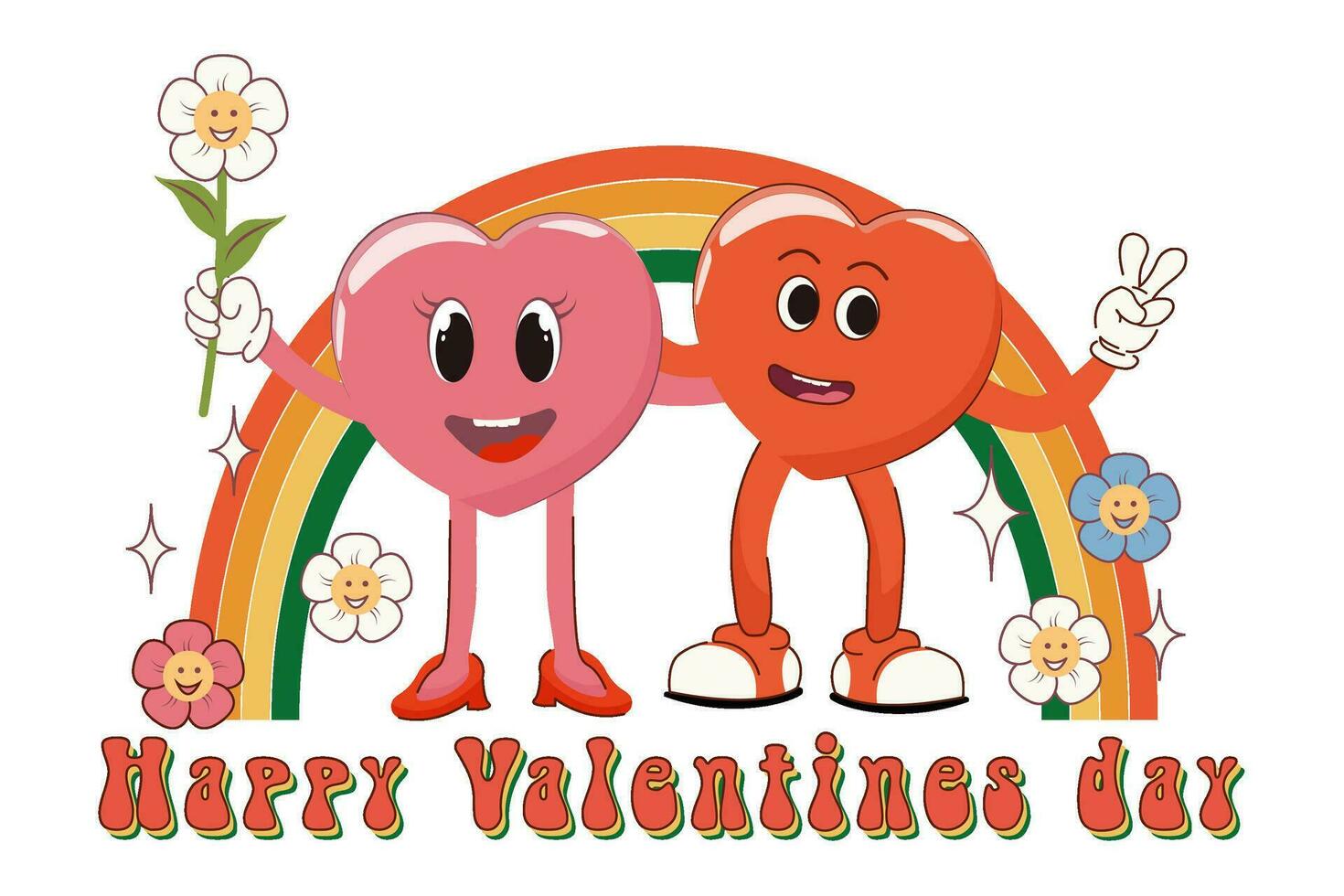Retro cartoon poster with funny characters. Happy Valentine's Day. Retro style 60s 70s. Vector illustration