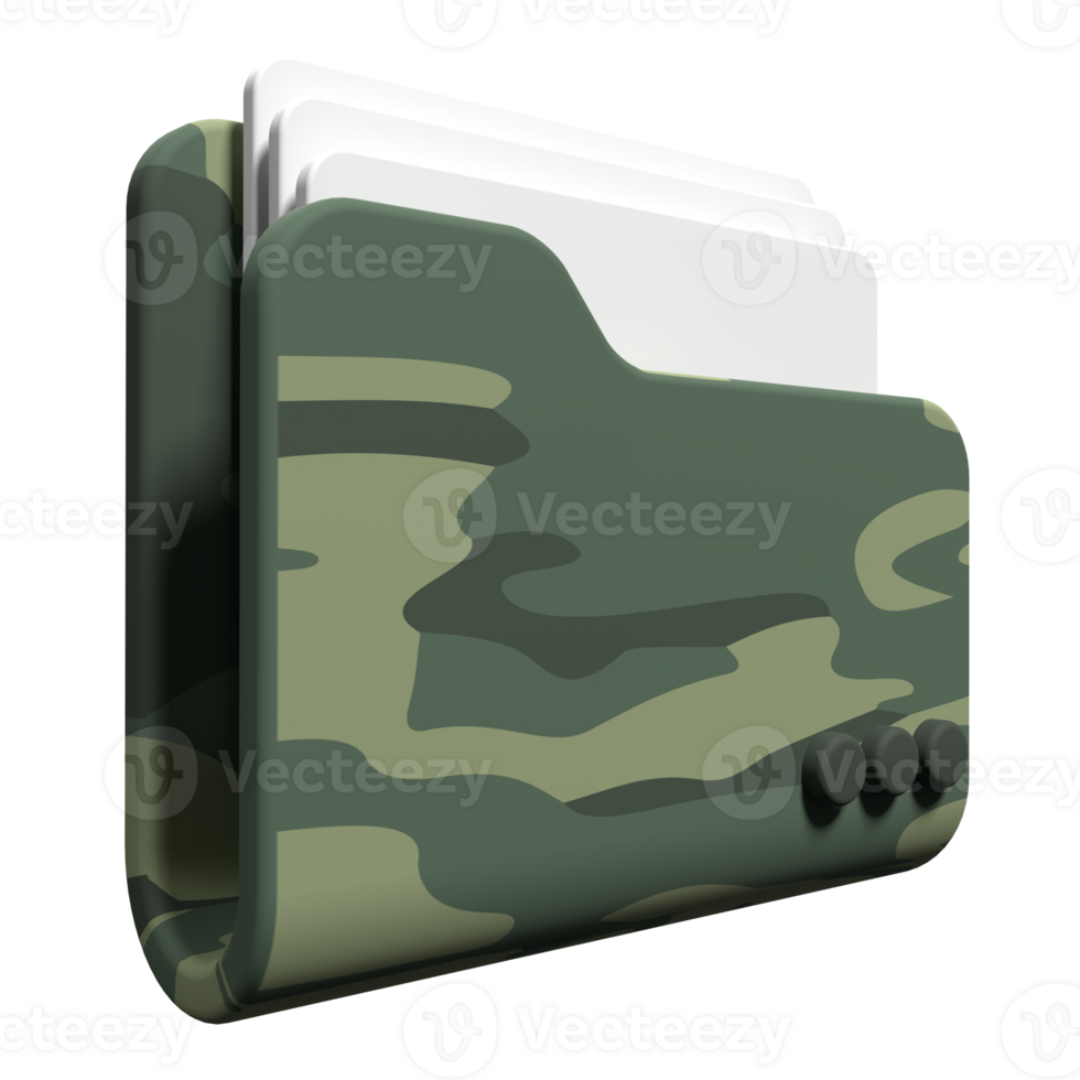 3D rendering illustration of army folder icon with paper document. Simple paper army folder icon. Army folder 3d render icon. 3D render illustration png