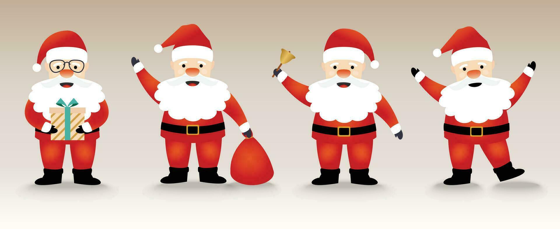 Set of Santa Claus. Happy Santa with a gift, bag with presents, waving, and bell. For new year cards, banners, headers, posters. vector illustration.