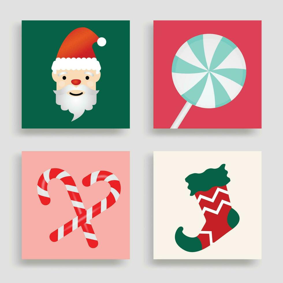 Collection of Christmas icons, Santa Cause, Candy cane, Lollipop, and Christmas socks. Colorful vector illustration in flat cartoon style.