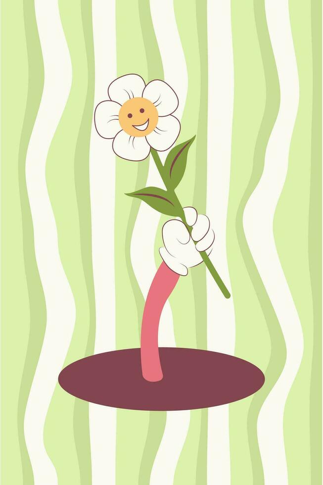 Hand with a flower in groove style.Greeting card, flyer, invitation, poster. Vector illustration