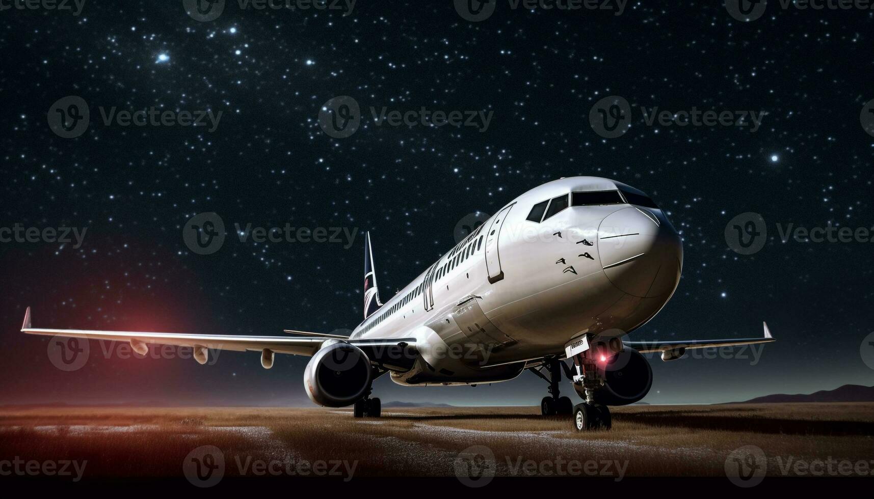 Airplane taking off, flying through the dark night sky generated by AI photo