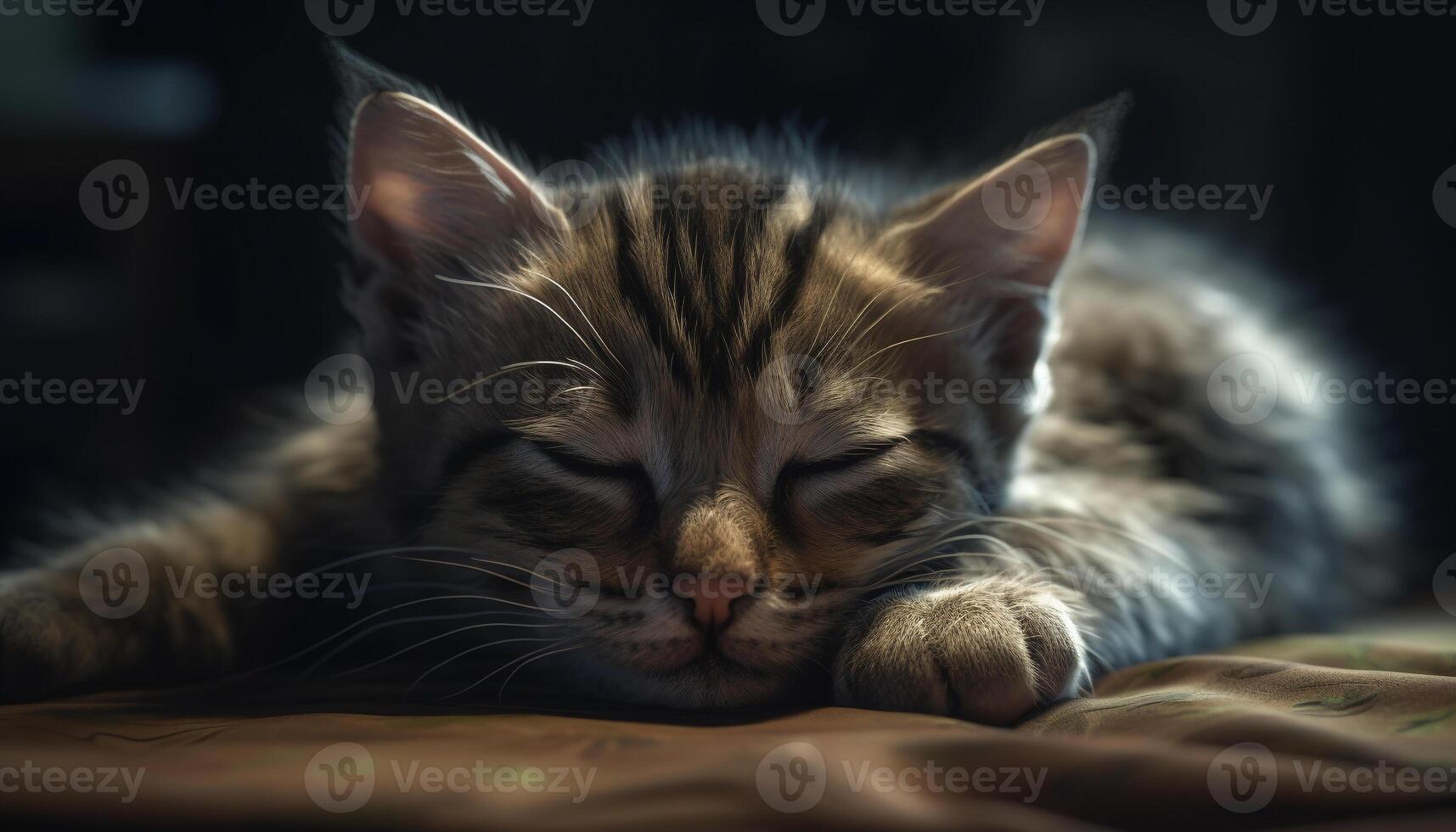 Cute kitten sleeping, fluffy fur, softness, staring with charming eyes generated by AI photo