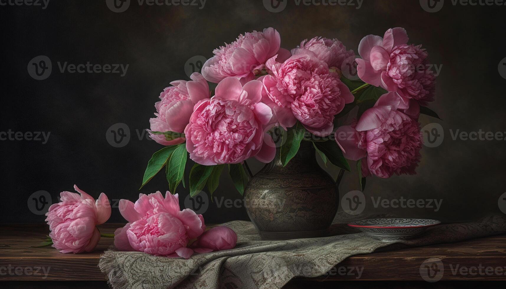 A beautiful bouquet of pink peonies adorns the rustic table generated by AI photo