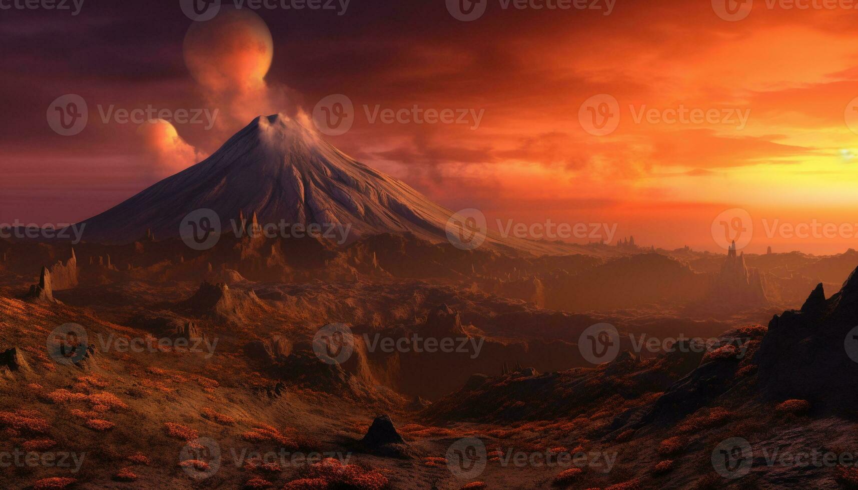 Majestic mountain peak silhouettes against a fiery sunset sky generated by AI photo