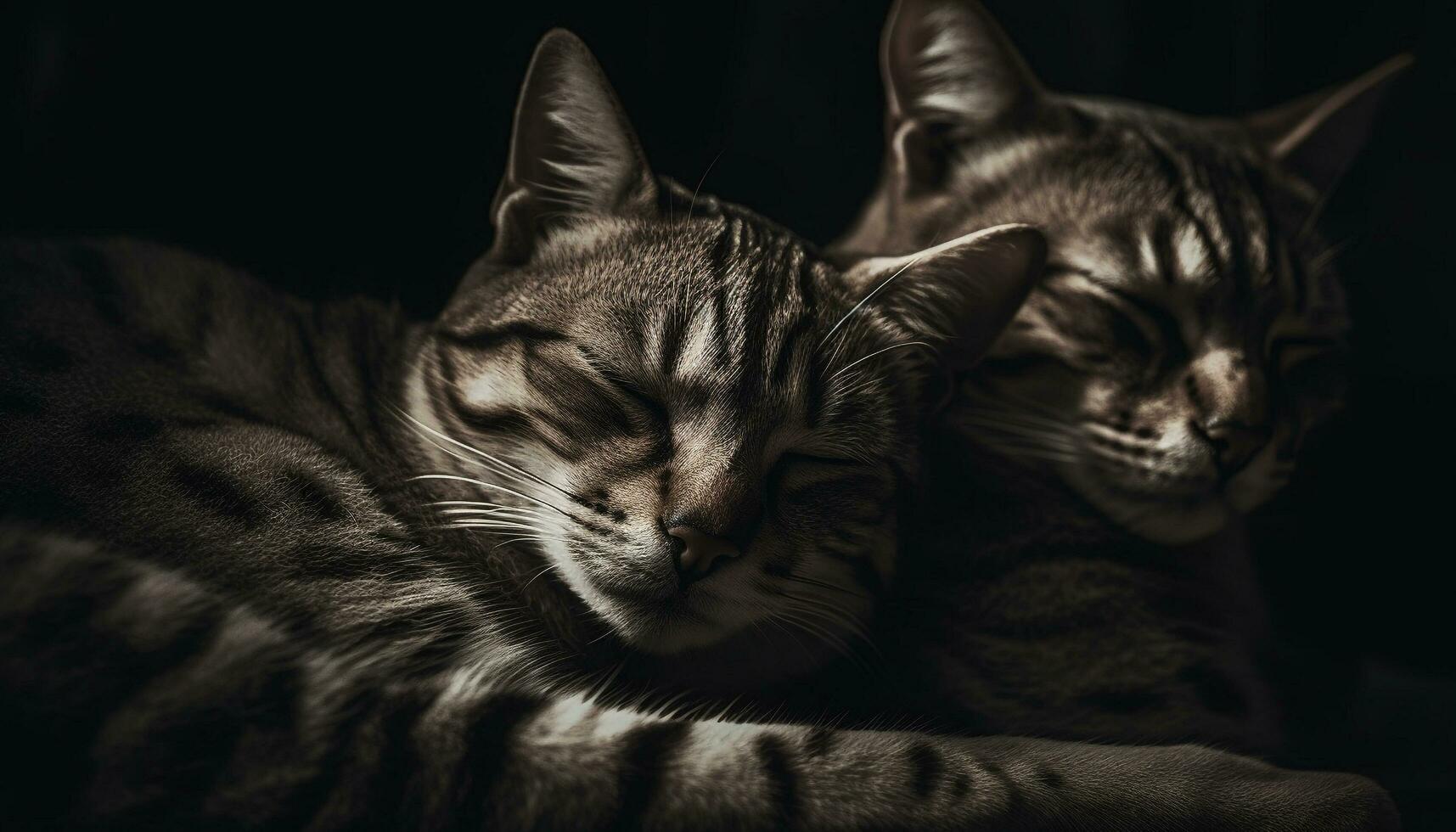 linda Doméstico gato durmiendo, piel blandura, a rayas gatito descansando pacíficamente generado por ai foto