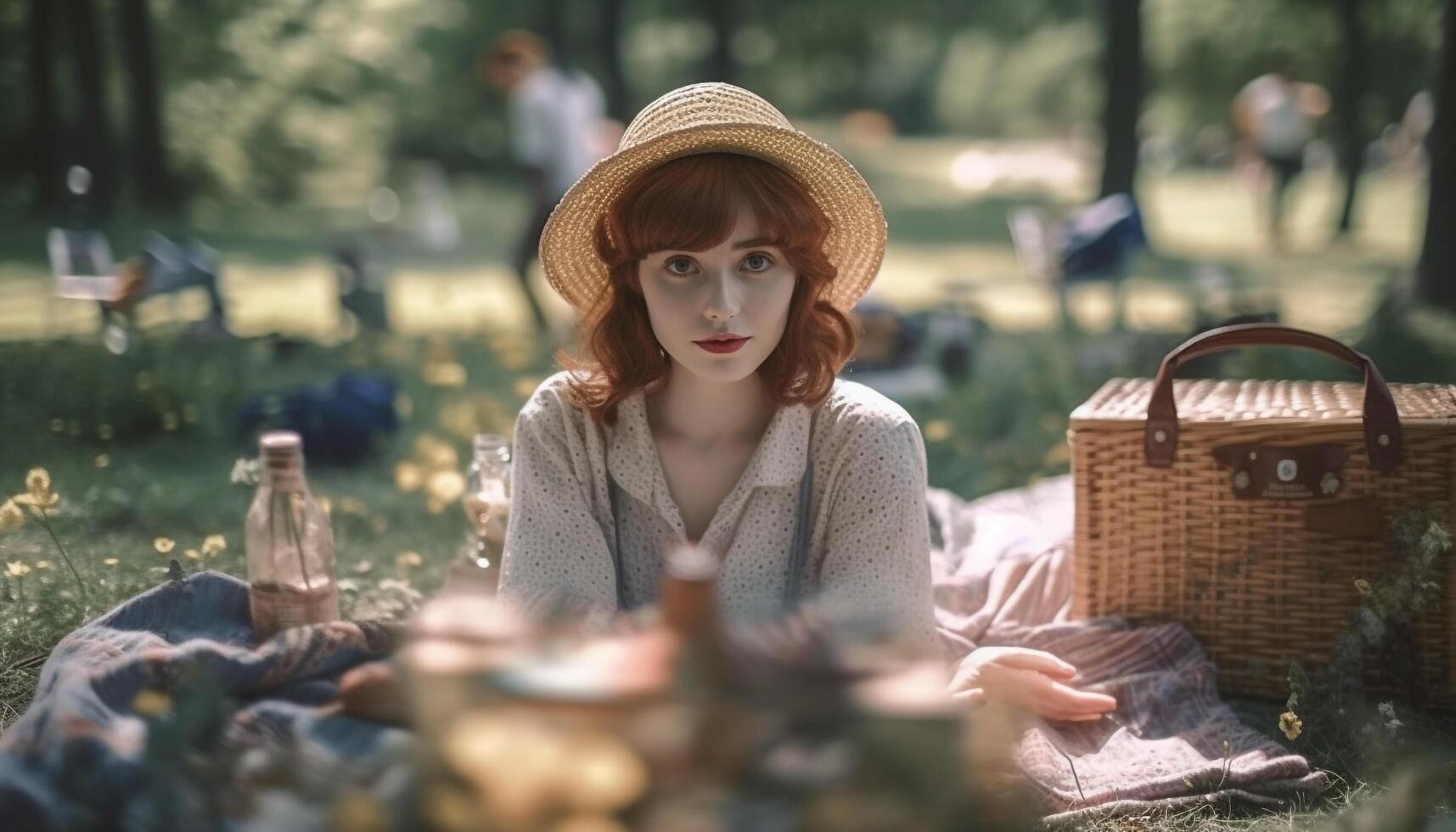 Young woman enjoys picnic in the meadow, surrounded by nature generated by AI photo