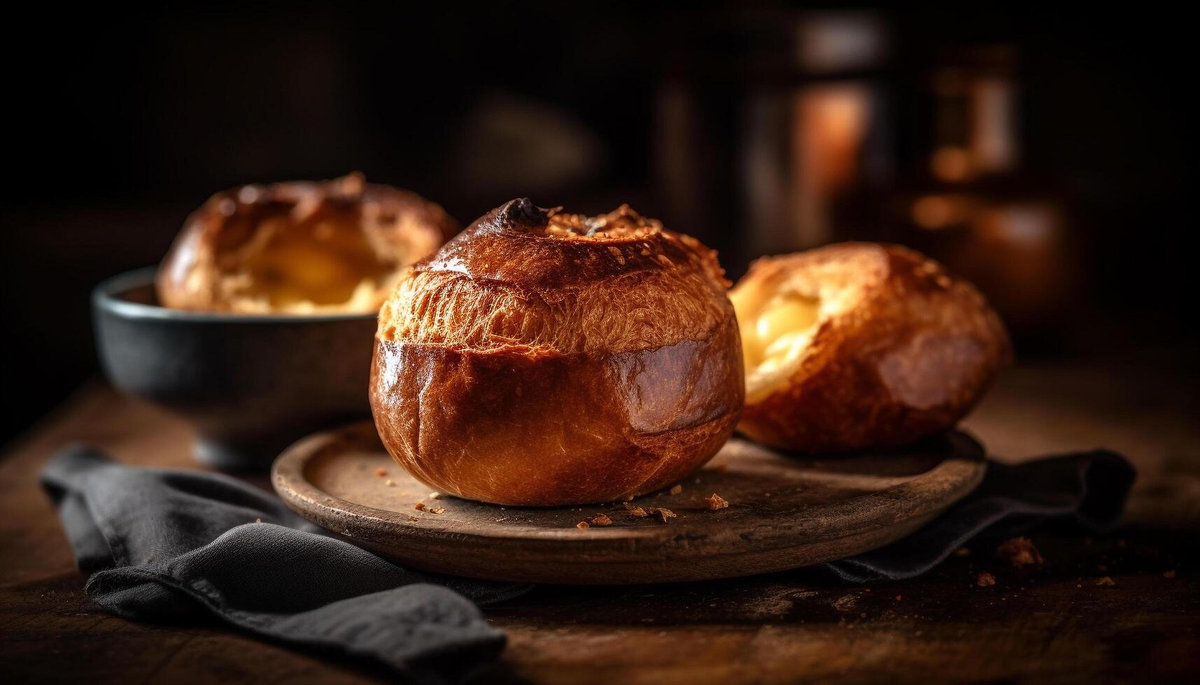 Freshness and rustic homemade bread on a wooden table, cooked meat generated by AI photo