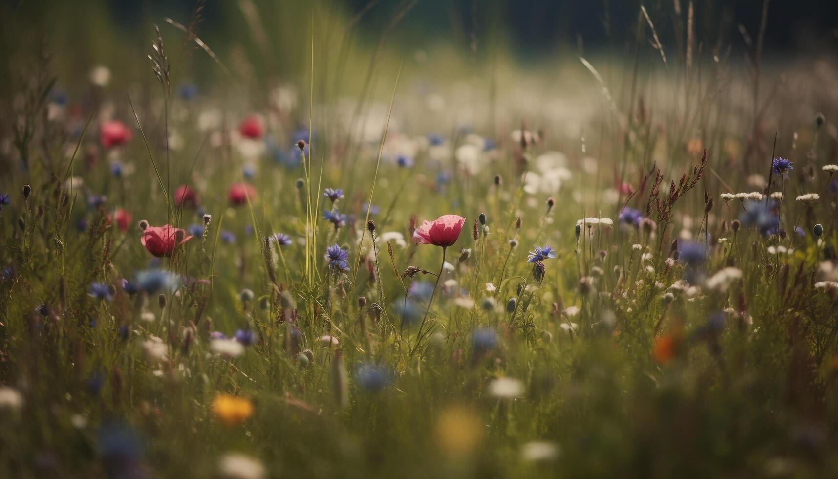 el vibrante prado flores con vistoso flores silvestres en el verano generado por ai foto