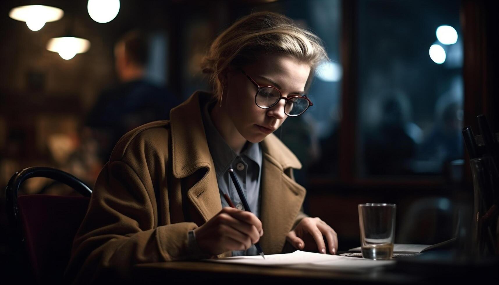 A young man sitting indoors at a coffee shop, working generated by AI photo