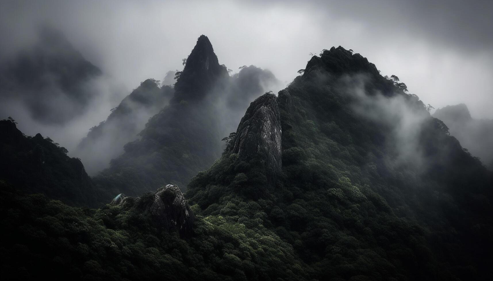 Majestic mountain peak, foggy cliff, adventure in nature mystery generated by AI photo