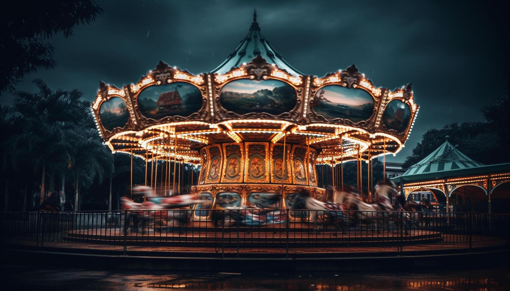 Nighttime carnival ride spins in a blur of colorful lights generated by AI photo