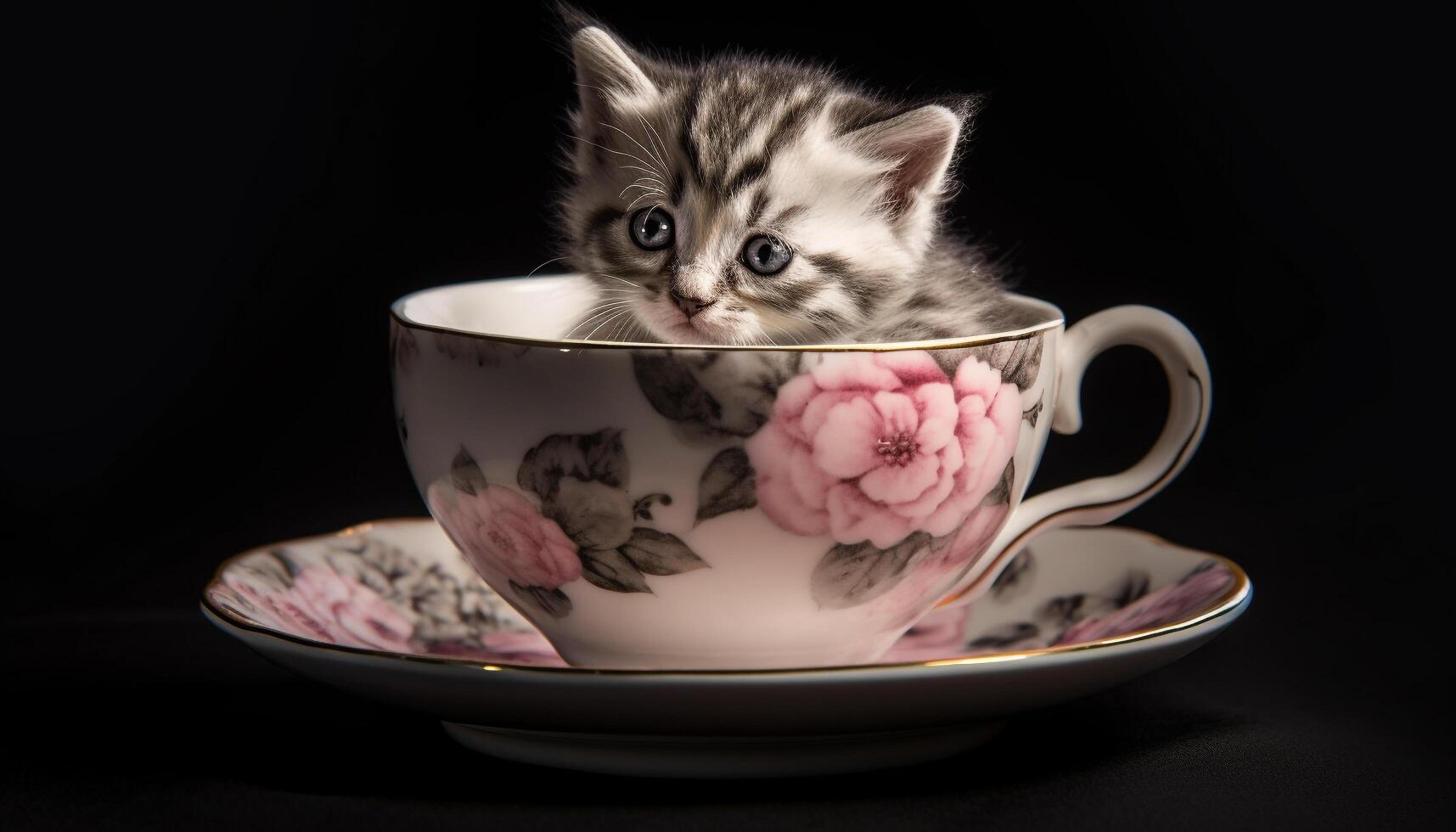 Cute kitten drinking milk from saucer on black background generated by AI photo