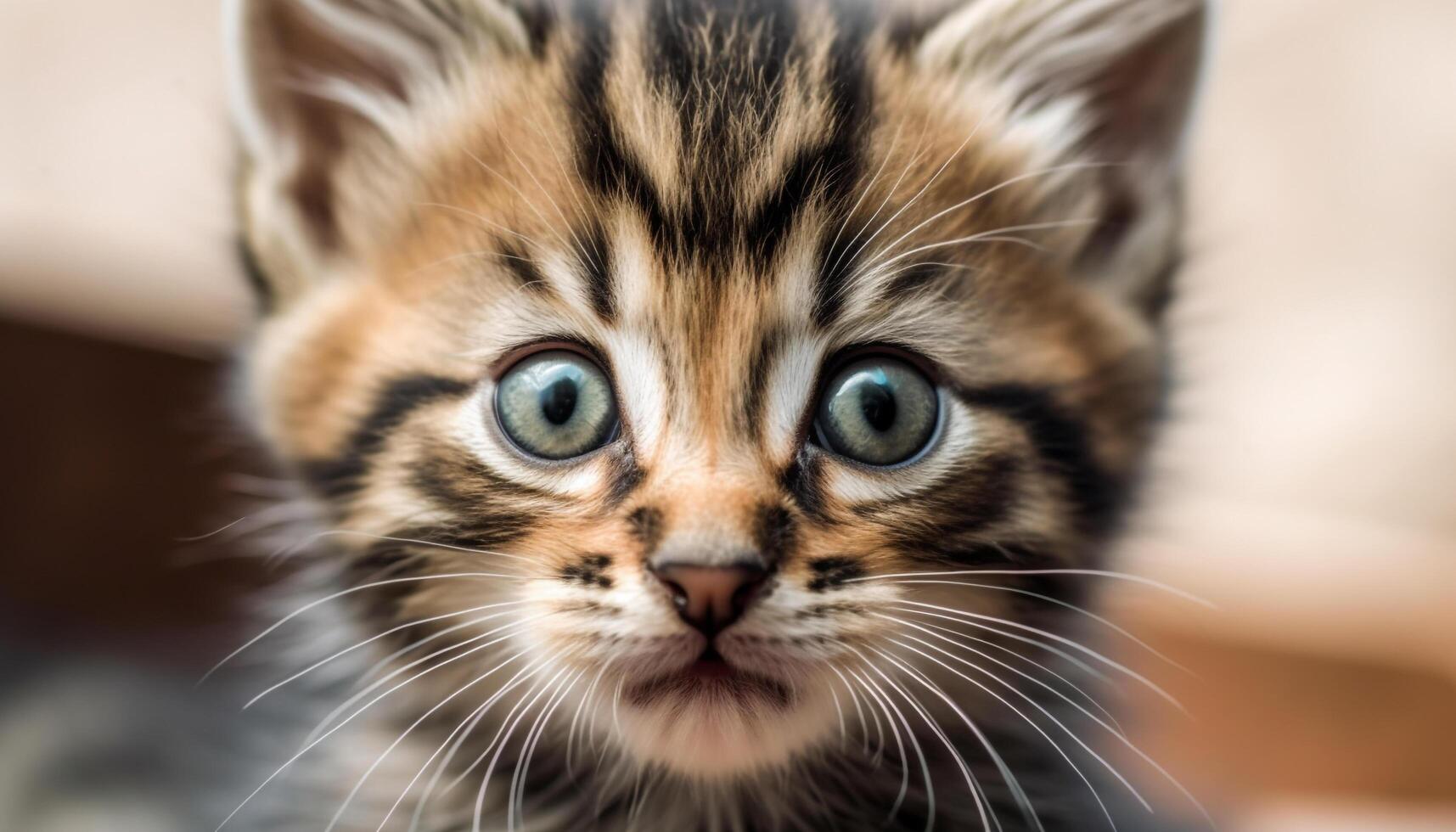 Cute kitten with striped fur, staring with playful curiosity generated by AI photo