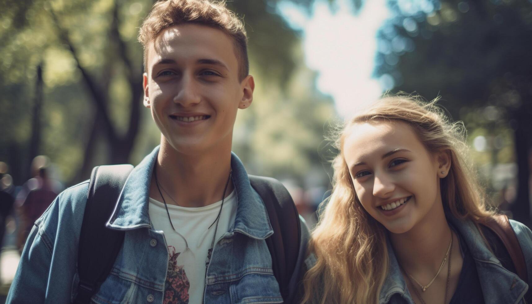 Smiling outdoors, happiness in lifestyles, cheerful Caucasian men looking at camera generated by AI photo