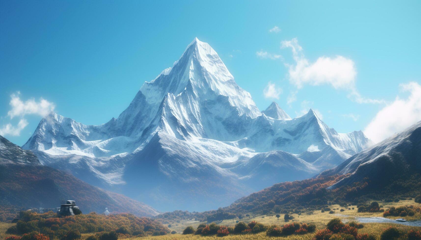 Majestic mountain peak, snow covered, surrounded by panoramic autumn landscape generated by AI photo