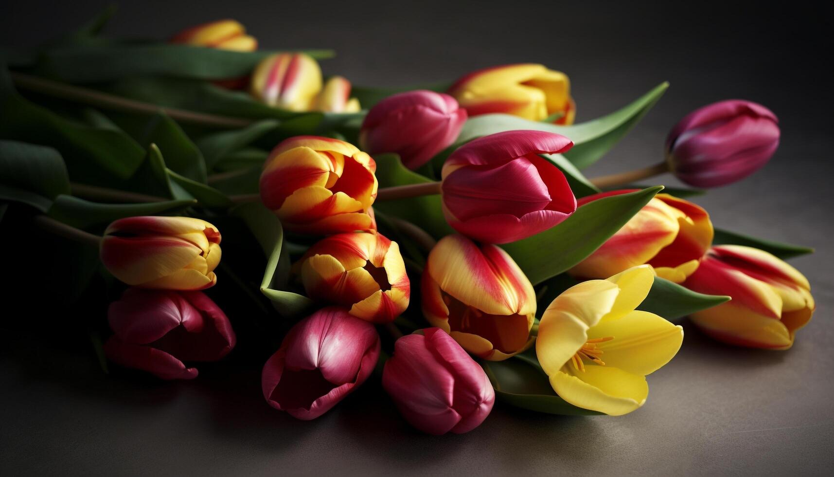 A vibrant bouquet of multi colored tulips brings freshness to springtime generated by AI photo