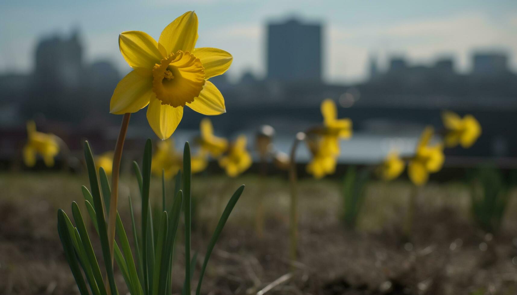 Yellow tulip blossom in a meadow, city skyline at sunset generated by AI photo