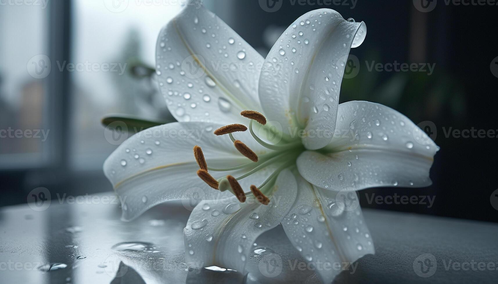 Freshness of nature beauty in a single flower wet petal generated by AI photo
