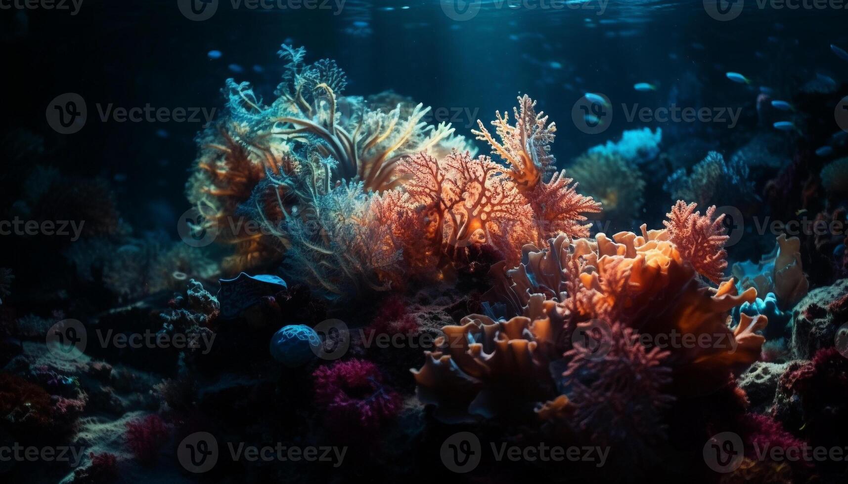 Underwater reef, fish, animal, nature, deep blue water, scuba diving, coral, sea life generated by AI photo