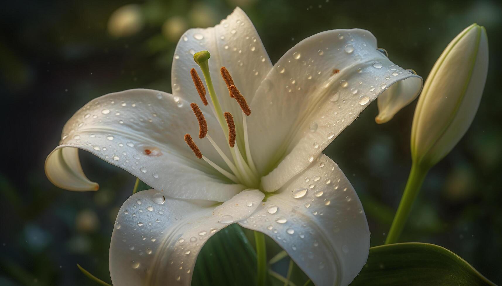 A single flower in a formal garden, wet with dew generated by AI photo