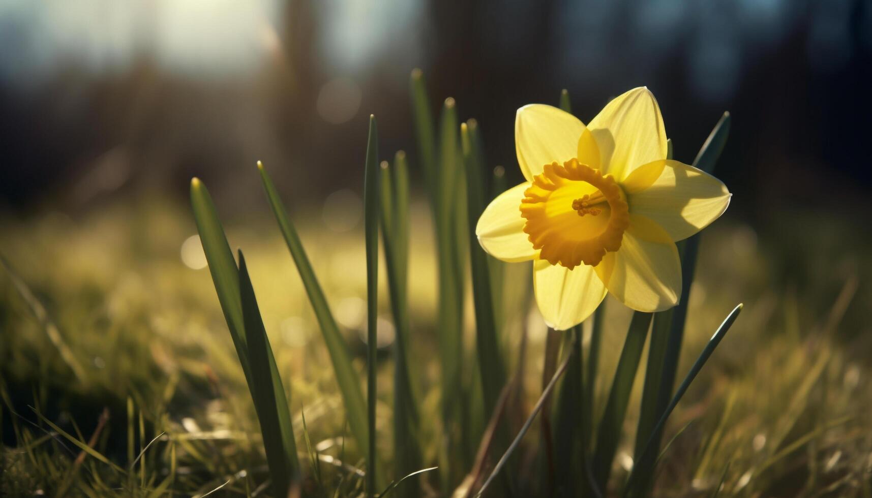 Nature springtime beauty in a meadow of yellow daffodils and daisies generated by AI photo