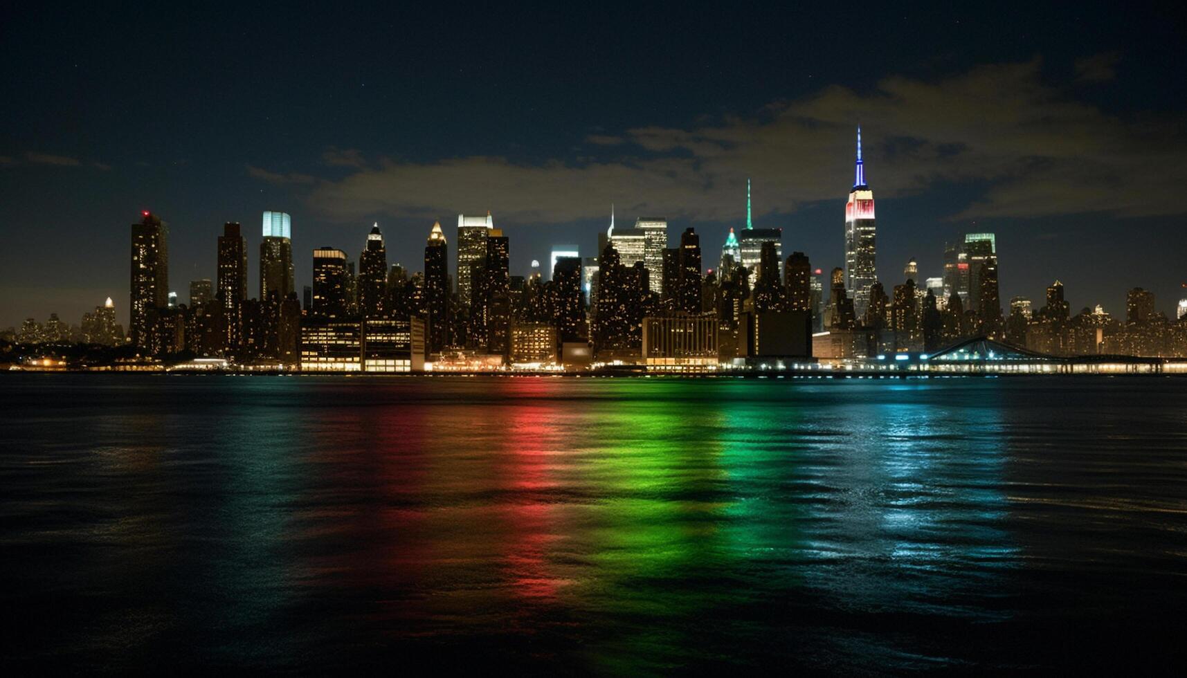 Vibrant city lights reflect on the dark waterfront skyline at night generated by AI photo