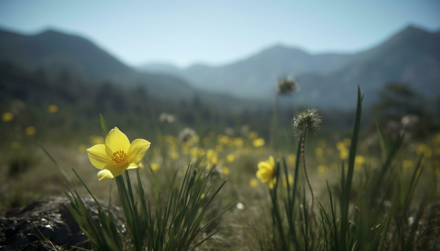 Beautiful yellow daisy blossoms in a fresh green meadow generated by AI photo