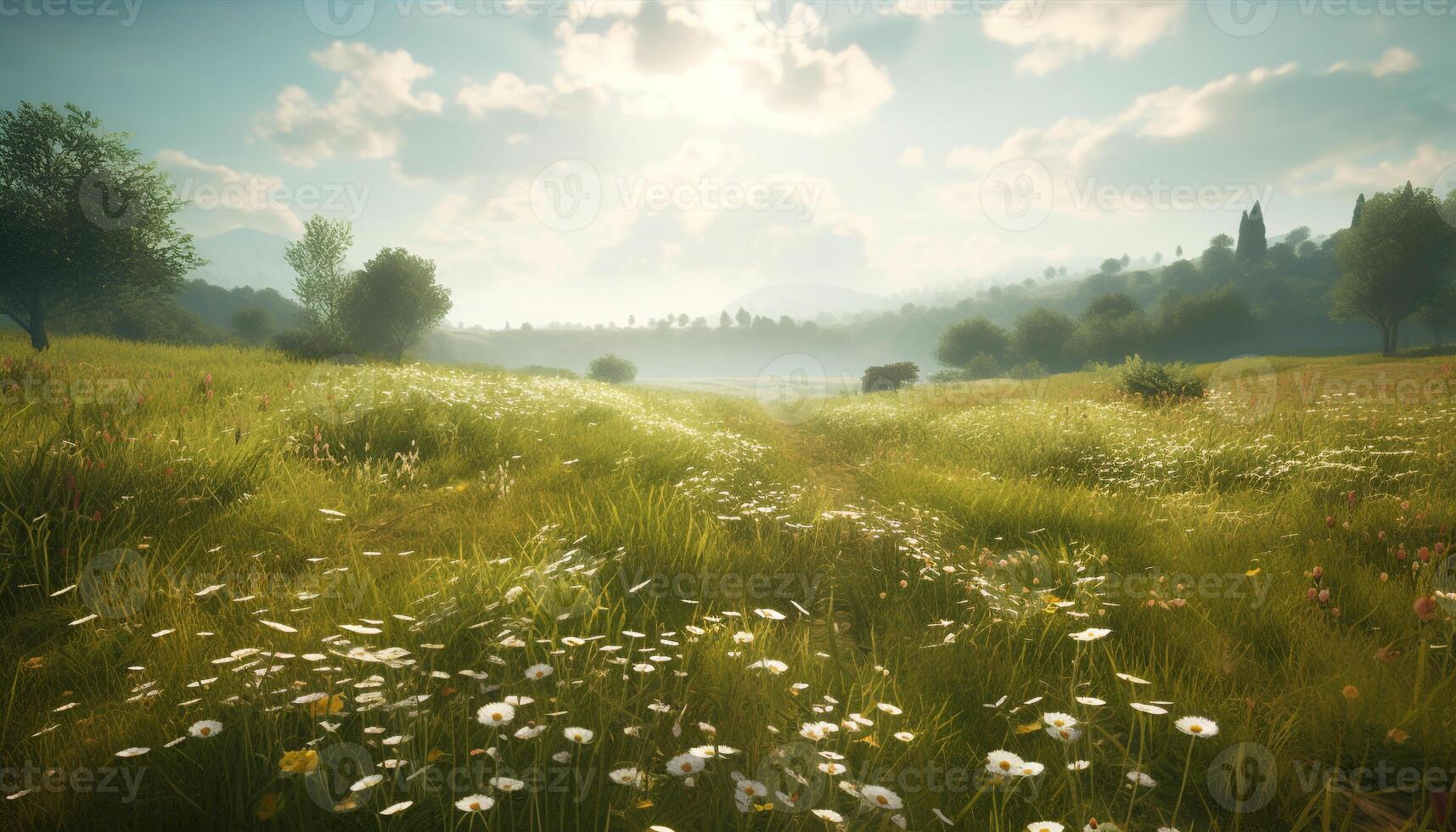 A beautiful meadow with green grass and yellow flowers blossoming generated by AI photo