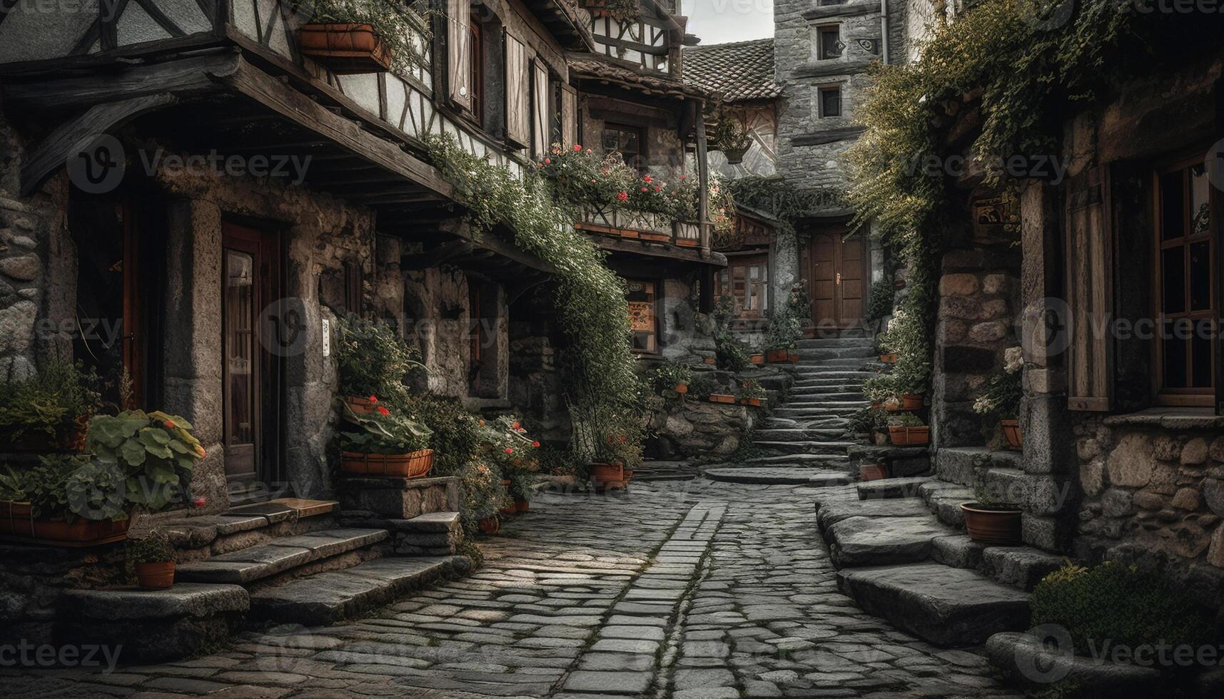 Old fashioned staircase steps lead to an ancient, rustic residential building entrance generated by AI photo