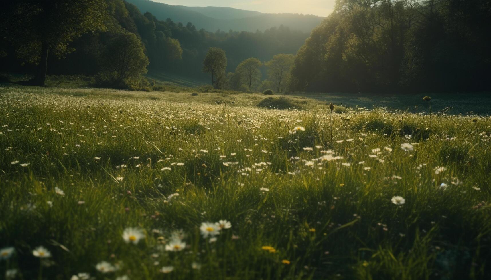 Nature beauty meadow, forest, mountain, sunset, sunrise, water, wildflower, leaf generated by AI photo