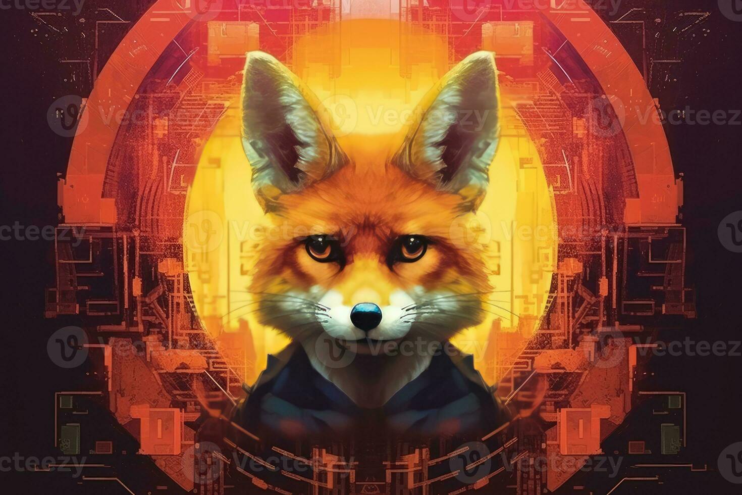 Futuristic fox in front of a futuristic dark background photo