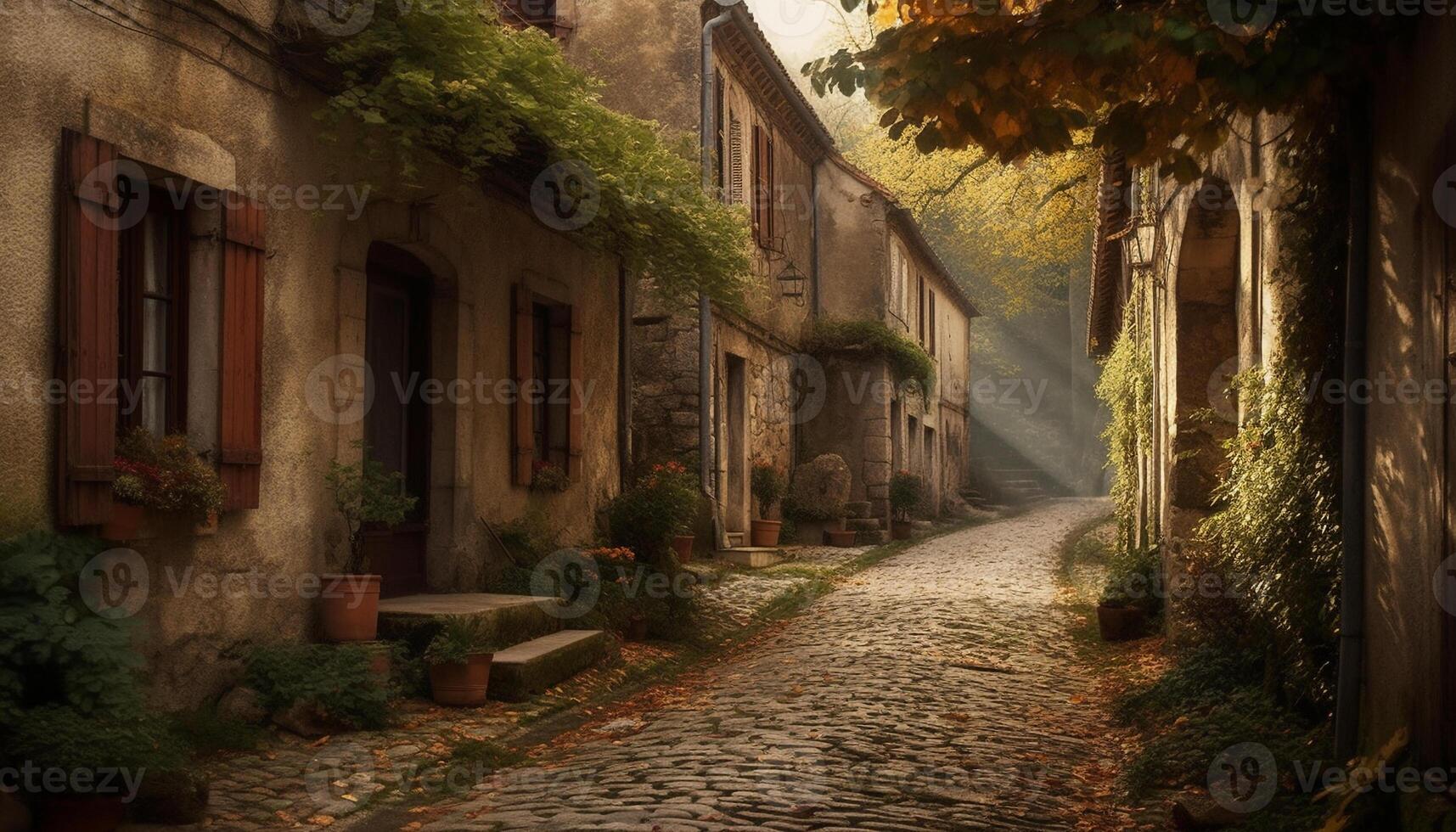 Ancient stone buildings blend with nature in tranquil autumn landscapes generated by AI photo