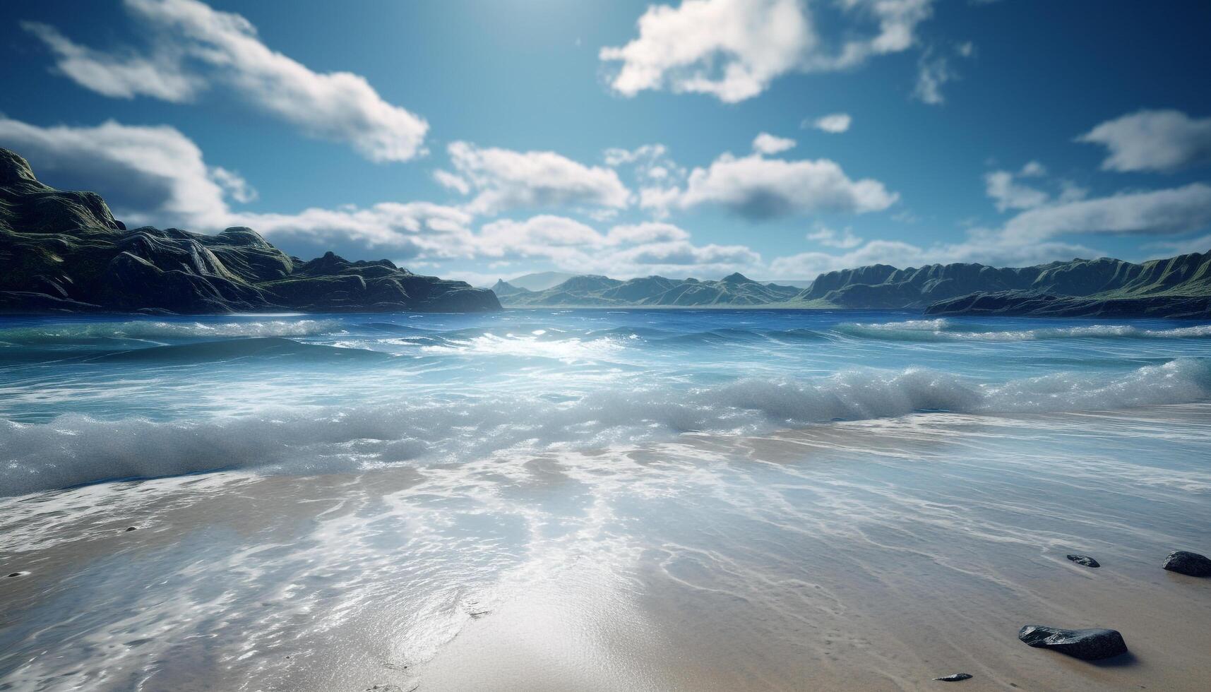 Blue wave splashing on sandy coastline, reflecting beauty of nature generated by AI photo