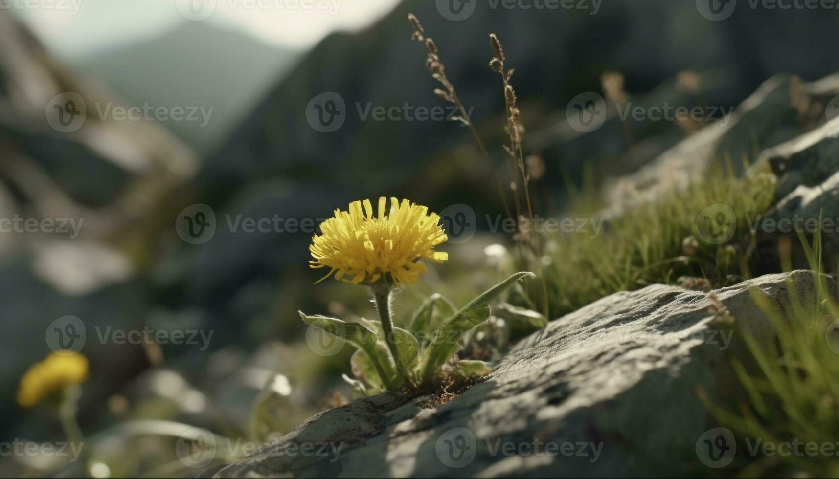 Beautiful yellow wildflower blossoms in a tranquil meadow surrounded by mountains generated by AI photo