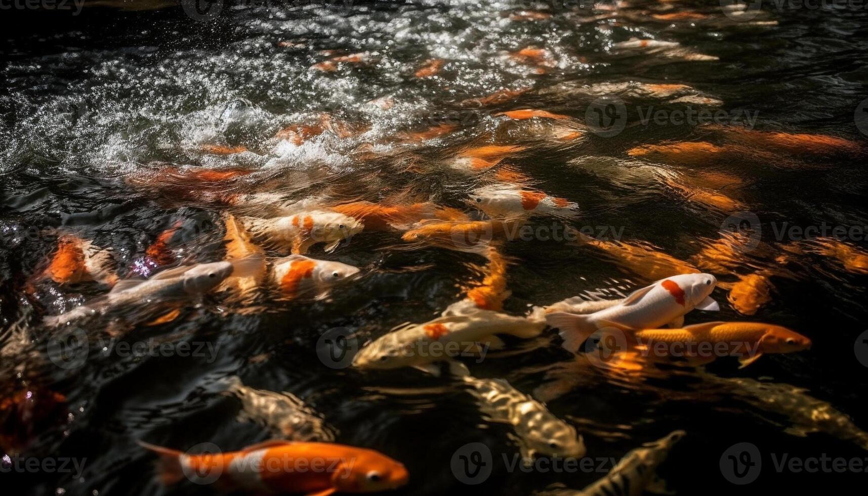 Colorful koi carp swim gracefully in a tranquil underwater pond generated by AI photo