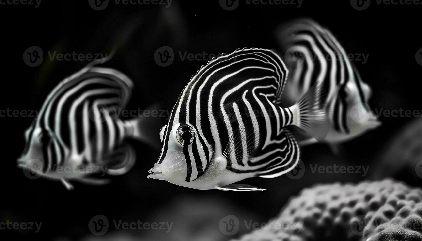 Striped zebra fish swimming in the beautiful underwater coral reef generated by AI photo