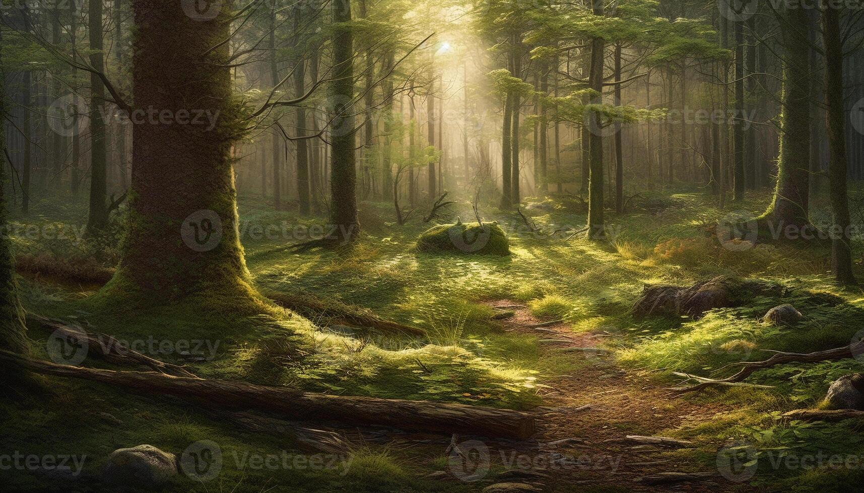 Mysterious forest path reveals nature beauty in a tranquil landscape generated by AI 32849013