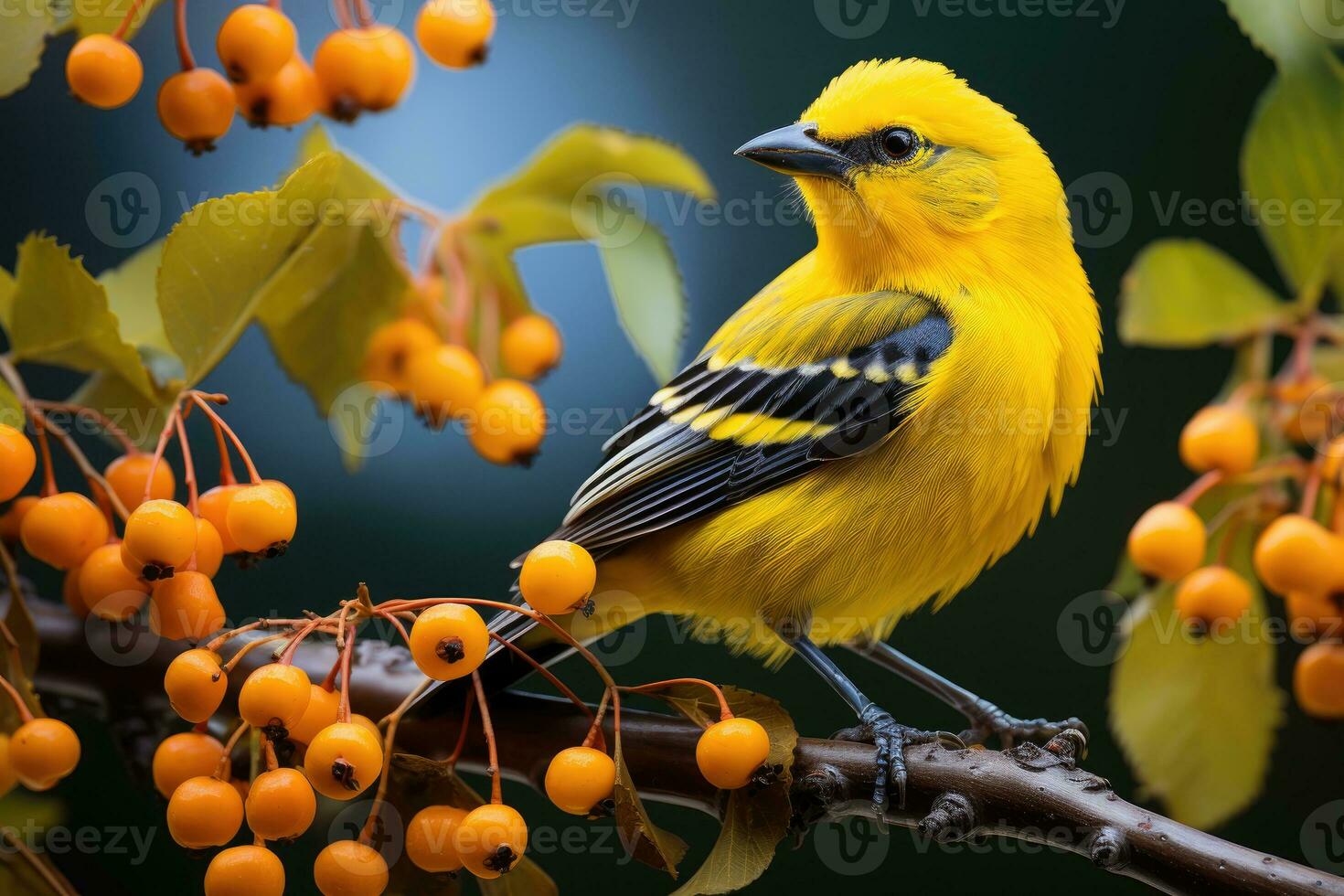 hermosa amarillo y azul pájaro en un rama de un cierne árbol foto
