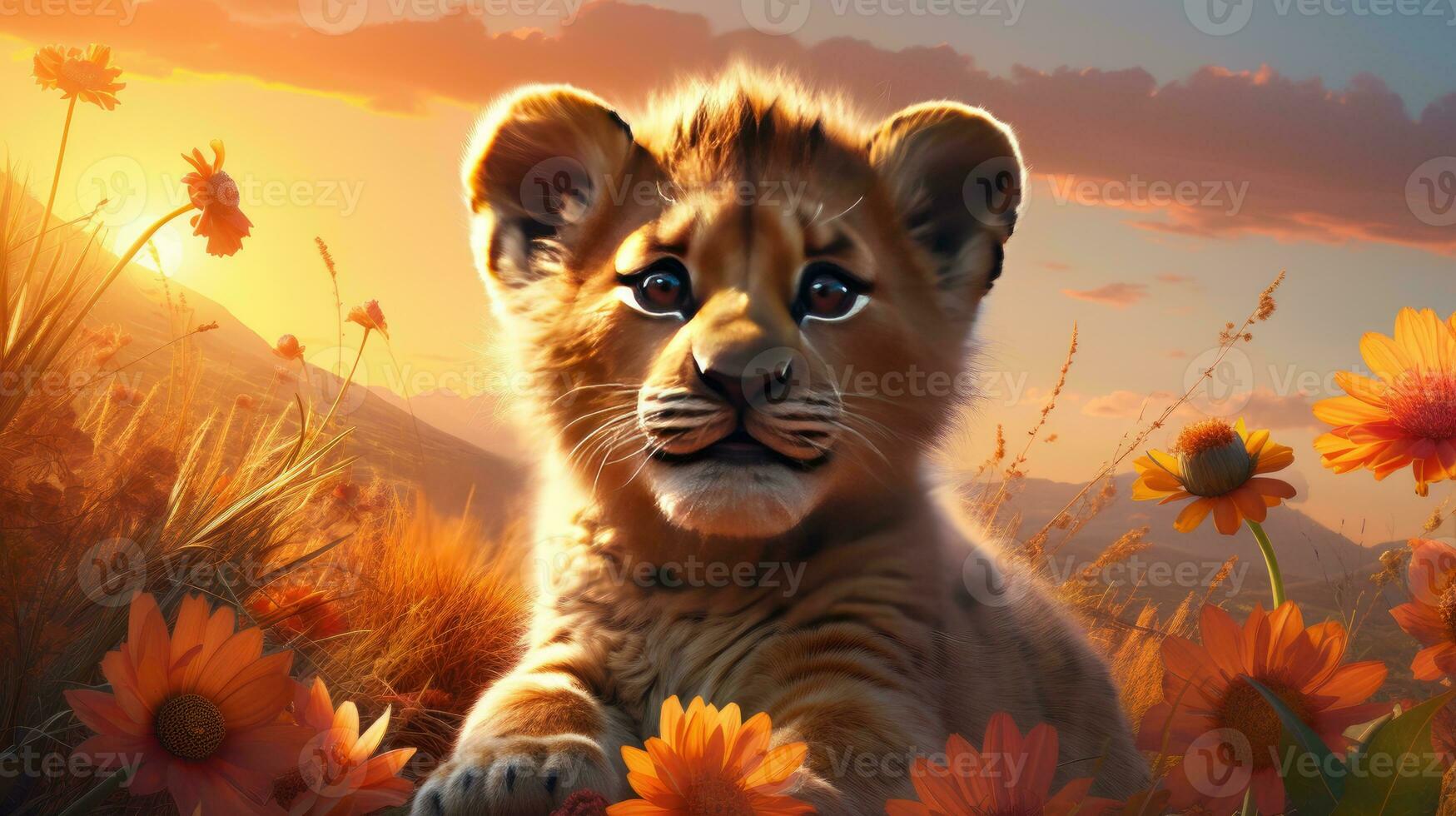 cute tiger cub sitting on a flower meadow photo