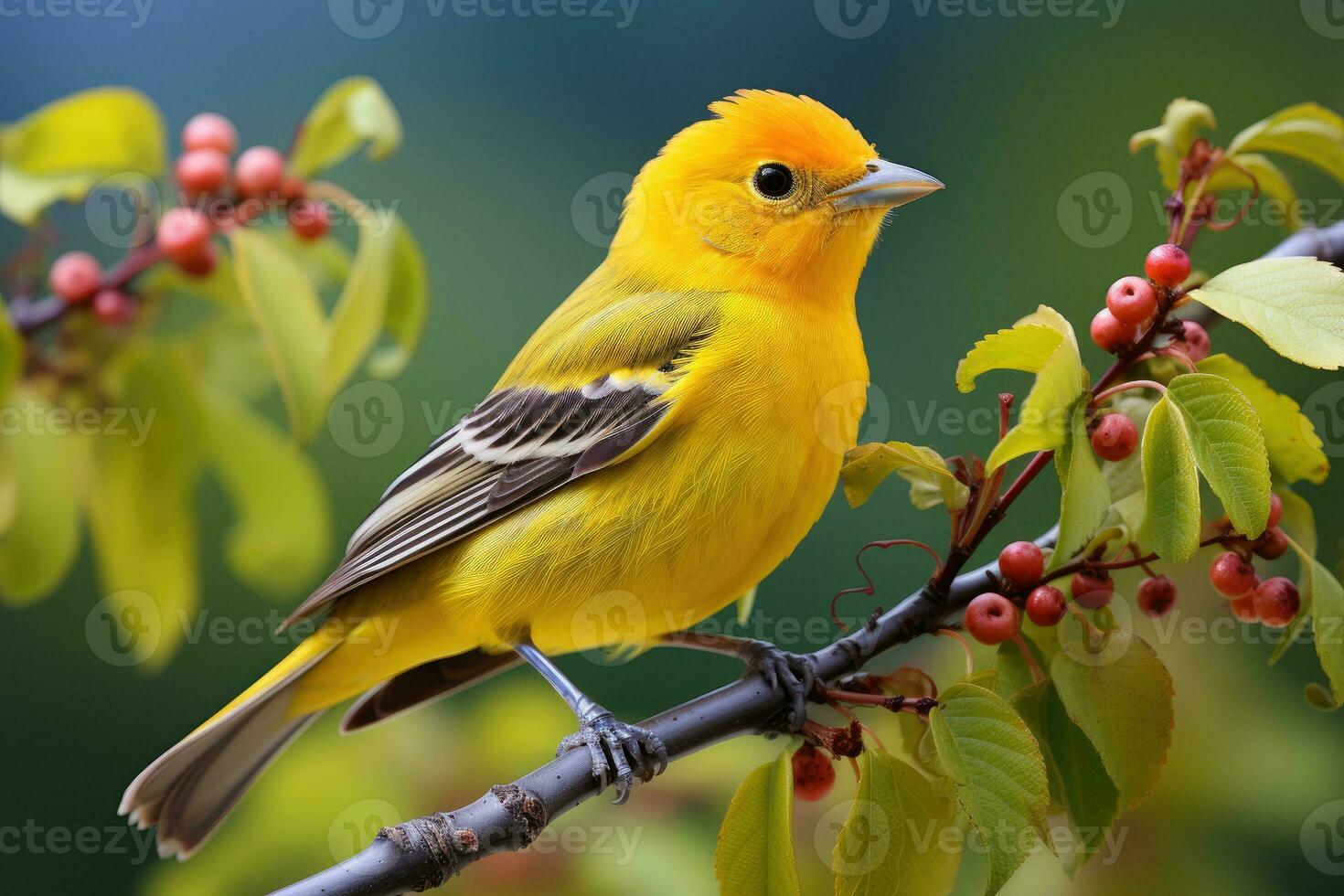 Beautiful yellow and blue bird on a branch of a blossoming tree photo