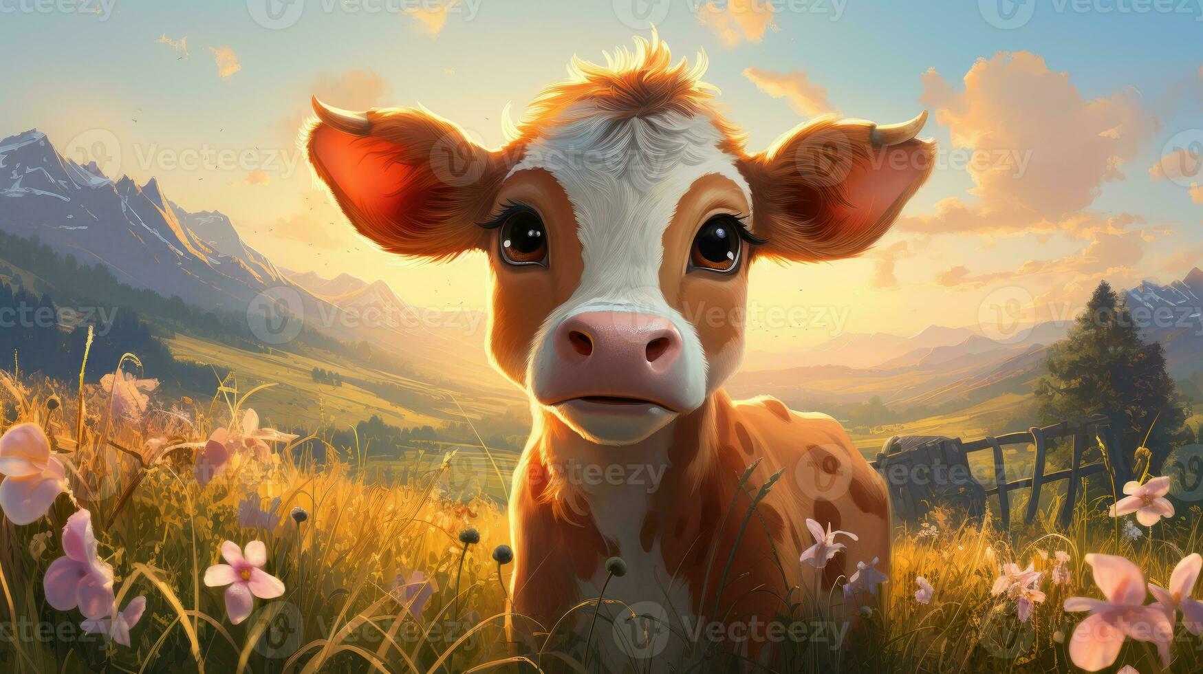 Cute little cow in the meadow photo