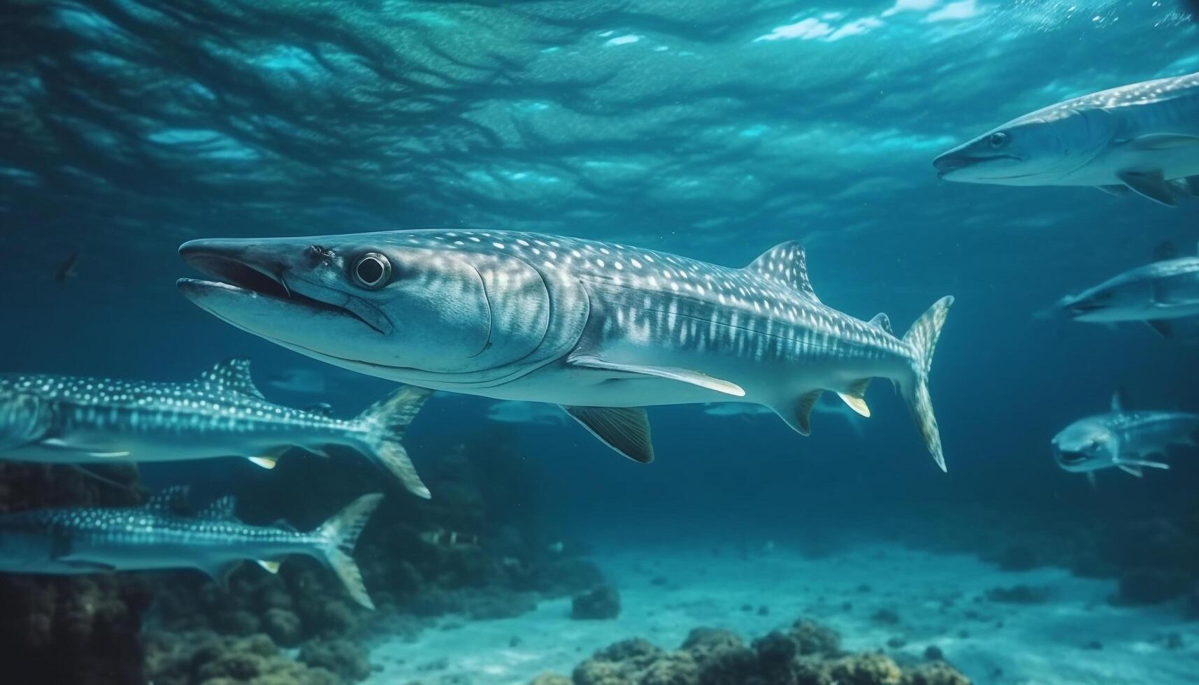 majestuoso pescado nadar en el profundo azul mar, submarino aventuras generado por ai foto