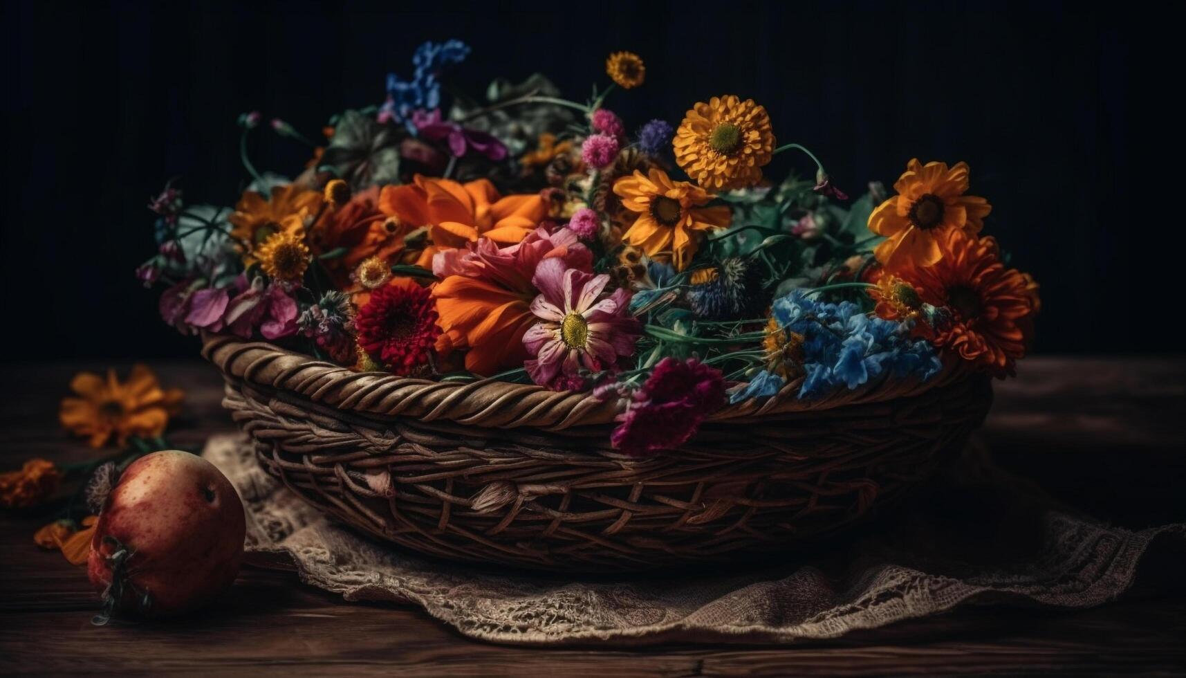 A rustic bouquet of multi colored flowers brings freshness to the table generated by AI photo