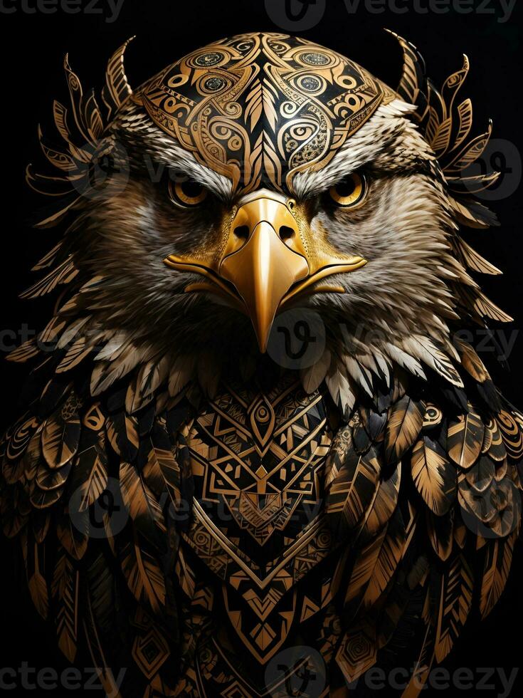 front portrait of an eagle, tattoo pattern, black and gold, AI generated. photo