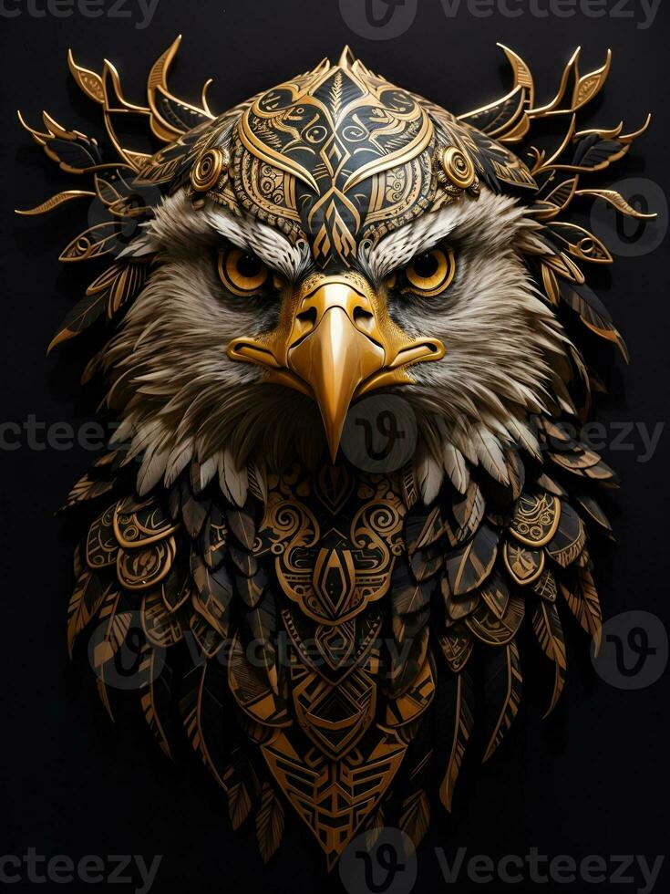 front portrait of an eagle, tattoo pattern, black and gold, AI generated. photo